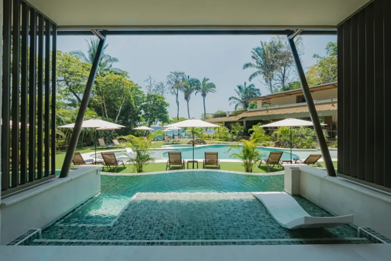 View from a suite terrace over the pool, the palms and the ocean